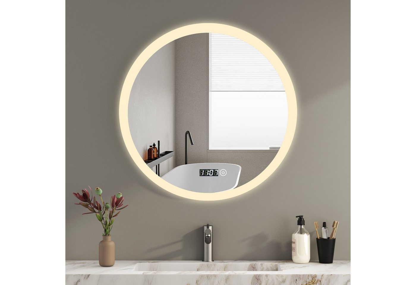 WDWRITTI Badspiegel Rund Led mit beleuchtung und Uhr Rundspiegel 60 cm 3Lichtfarbe Dimmbar (Wandspiegel, Speicherfunktion), Touch,Wandschalter auswählbar, Energiesparend, IP44 von WDWRITTI