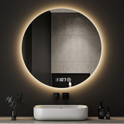 Boromal Badspiegel Rund mit Beleuchtung und Uhr Badspiegel 60x60cm LED Spiegel Runder Badezimmerspiegel mit Beleuchtung Wandspiegel Rund mit 3 Lichtfarbe Dimmbar + Uhr von Boromal