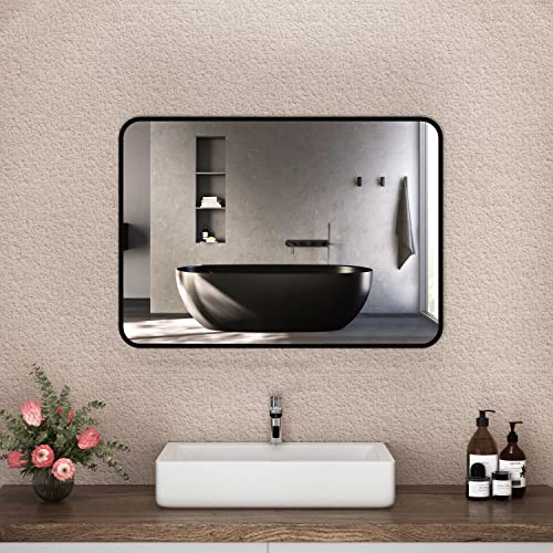 Boromal Badspiegel Schwarz 80x60cm Spiegel Schwarz Metallrahmen Dekorative Spiegel Dekorative Wandspiegel für Badezimmer, Waschräume, Schlafzimmer, Ohne LED Beleuchtung von Boromal