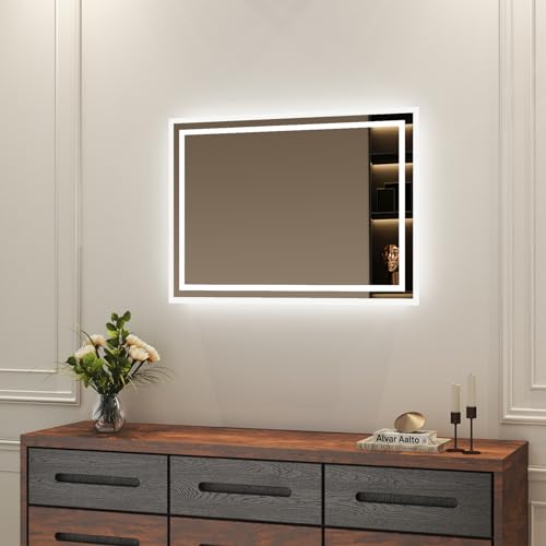 Boromal Badspiegel mit Beleuchtung 60x40cm Wandschalter Badezimmerspiegel Horizontal/Vertikal 6500K Kaltweiß Wandspiegel Lichtspiegel von Boromal