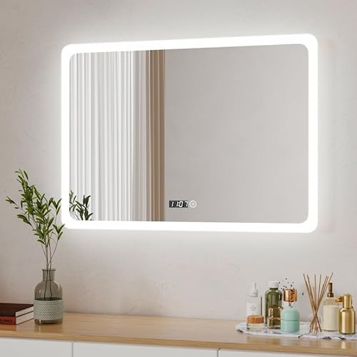 Boromal Badspiegel mit Beleuchtung 80x60cm LED Badezimmer Spiegel mit Beleuchtung und Uhr 3 Lichtfarbe Dimmbar 3000-6500K Lichtspiegel Wandspiegel LED Spiegel mit Uhr, Touch Schalter von Boromal