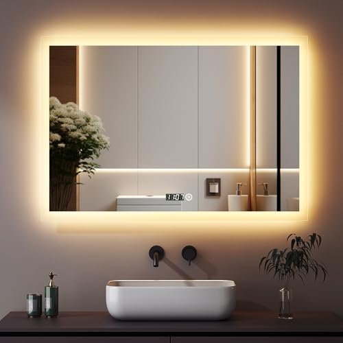 Boromal Badspiegel mit Beleuchtung und Uhr 100x60cm LED Badezimmer Spiegel mit Beleuchtung 3 Lichtfarbe Dimmbare 3000-6500K Wandspiegel Lichtspiegel LED Spiegel mit Touchschalter + Uhr von Boromal