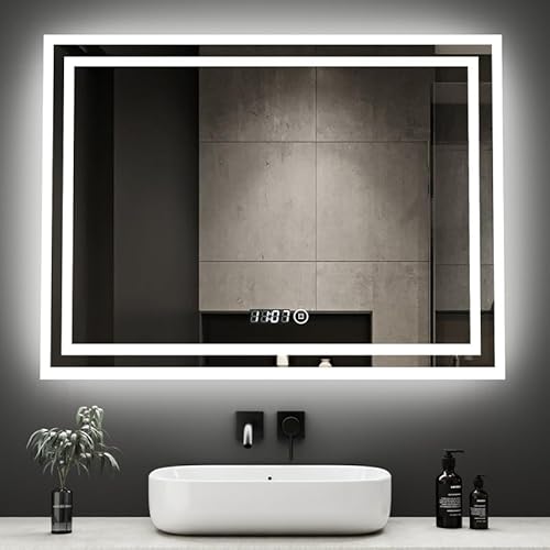 Boromal Badspiegel mit Beleuchtung und Uhr 80x60cm Badezimmerspiegel mit Beleuchtung LED Spiegel mit Beleuchtung Lichtspiegel Wandspiegel mit Touchschalter, Uhr, 3 Lichtfarben 3000K-6500K Dimmbar von Boromal