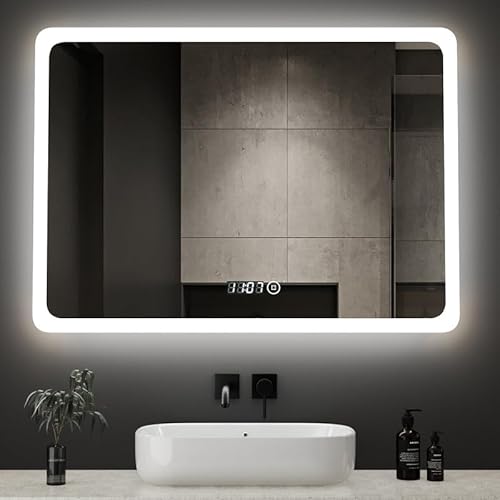 Boromal Badspiegel mit Beleuchtung und Uhr 80x60cm Badezimmerspiegel mit Beleuchtung LED Spiegel mit Beleuchtung Lichtspiegel Wandspiegel mit Touchschalter, Uhr, 3 Lichtfarben 3000K-6500K Dimmbar von Boromal