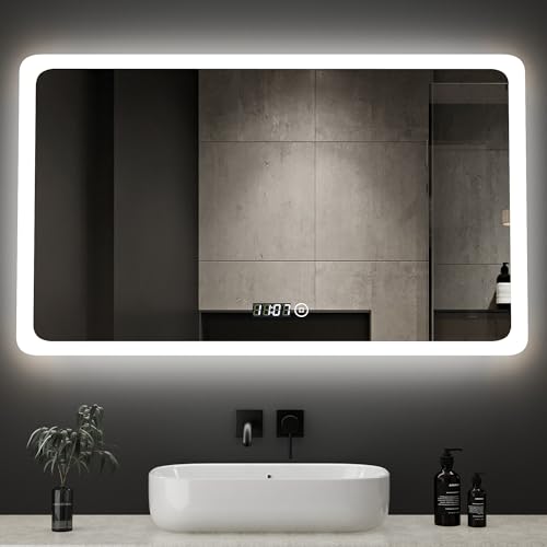 Boromal Badspiegel mit Beleuchtung und Uhr LED Badspiegel 100x60cm Dimmbar Badezimmer Wandspiegel 3 Lichtfarbe 3000-6500K Kaltweiß Neutral Warmweiß Badezimmerspiegel Kosmetikspiegel mit Beleuchtung von Boromal