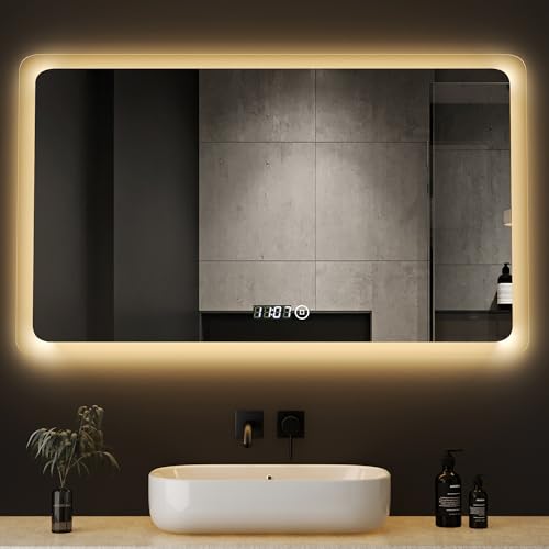 Boromal Badspiegel mit Beleuchtung und Uhr LED Badspiegel 100x60cm Dimmbar Badezimmer Wandspiegel 3 Lichtfarbe 3000-6500K Kaltweiß Neutral Warmweiß Badezimmerspiegel Kosmetikspiegel mit Beleuchtung von Boromal