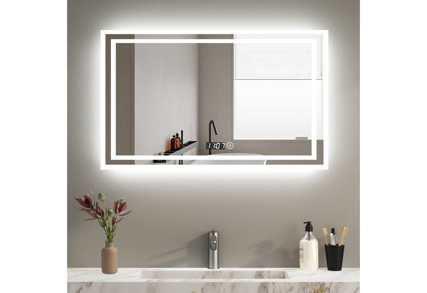 WDWRITTI Badspiegel mit beleuchtung und Uhr 100x60cm Wandspiegel groß 3000/4500/6500K (3Lichtfarben, Helligkeit dimmbar, Speicherfunktion, Touch, Wandschalter), Energiesparend, IP44 von WDWRITTI