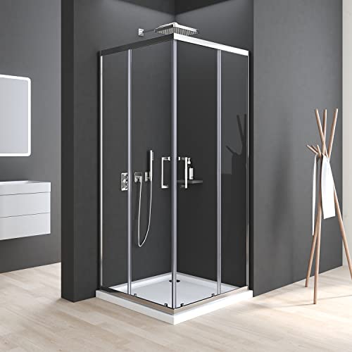 Boromal Duschkabine, Duschkabine 80x80cm Eckeinstieg mit Schiebetüren 6mm ESG Glas Duschabtrennung Dusche Duschwand Höhe 185cm, LINKS & RECHTS MONTIERBAR von Boromal