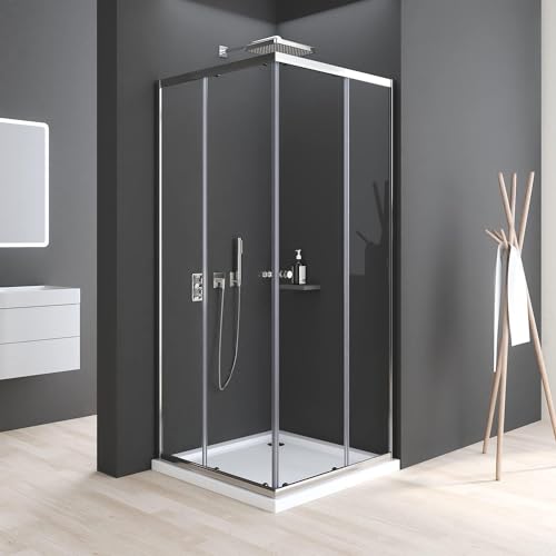 Boromal Duschkabine 100x100cm Eckeinstieg mit Schiebetüren 5mm ESG Glas Duschkabine Eckeinstieg Schiebetür Duschabtrennung Dusche Duschwand Höhe 185cm ohne Duschtasse von Boromal