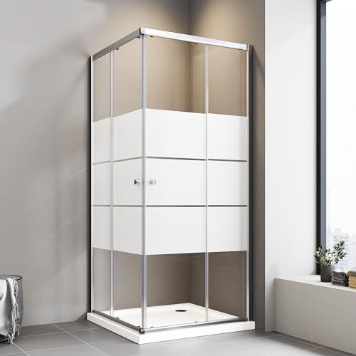 Boromal Duschkabine 90x90 cm Schiebetür Eckeinstieg Duschkabine mit Schiebetüren 5mm ESG Milchglas Streifen Duschschiebetür Eckeinstieg Duschabtrennung Duschwand Höhe 185cm von Boromal