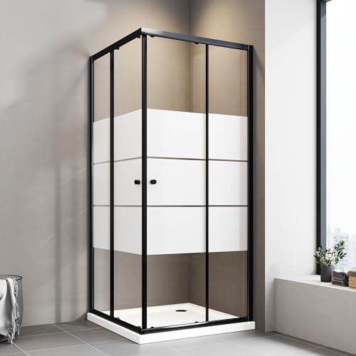 Boromal Duschkabine 90x90cm Schiebetür Schwarz Eckeinstieg Duschkabine mit Schiebetüren 6mm ESG Milchglas Streifen Duschschiebetür Eckeinstieg Duschabtrennung Duschwand Höhe 185cm von Boromal