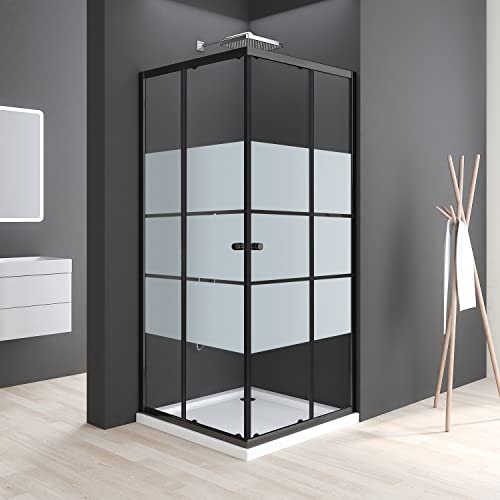 Boromal Duschkabine Eckeinstieg, Duschkabine 80x80cm Schwarz Milchglas Duschkabine mit Schiebetüren 6mm ESG Milchglas Streifen Duschabtrennung Dusche Duschwand Höhe 185cm von Boromal