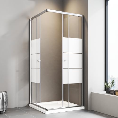 Boromal Duschkabine Eckeinstieg 80x80 cm Milchglas Doppel Schiebetür 6mm ESG Milchglas Streifen Duschabtrennung Duschwand Höhe 185 cm von Boromal