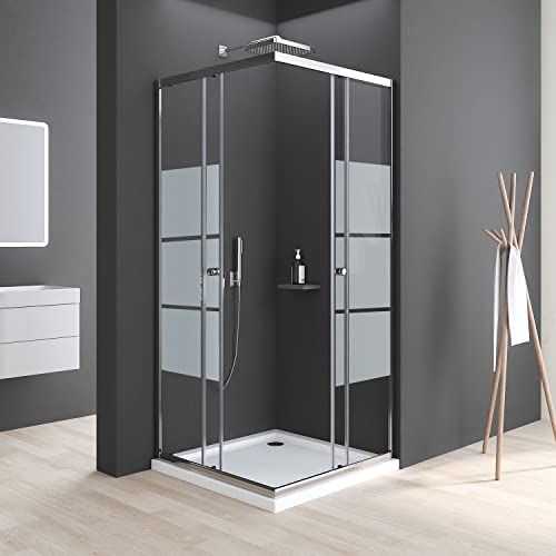 Boromal Duschkabine Schiebetür, Duschkabine 80x80cm Eckeinstieg Schiebetür Duschabtrennung 6mm ESG Milchglas Streifen Dusche Duschwand Höhe 185cm von Boromal