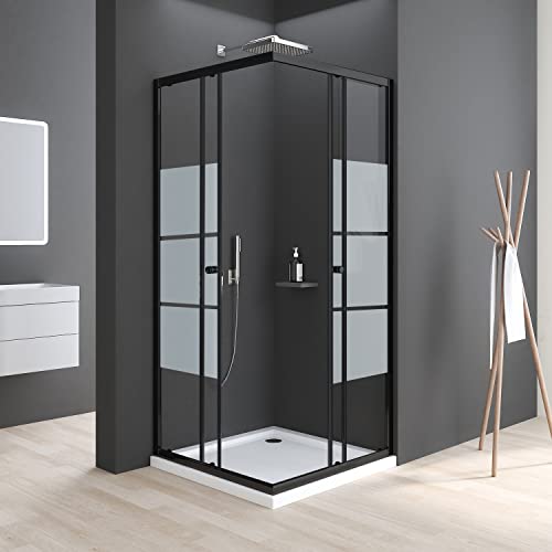 Boromal Duschkabine Schiebetür 90x90cm Eckeinstieg Duschkabine Schwarz Milchglas Duschabtrennung 6mm ESG Glas Dusche Duschwand Höhe 185cm von Boromal