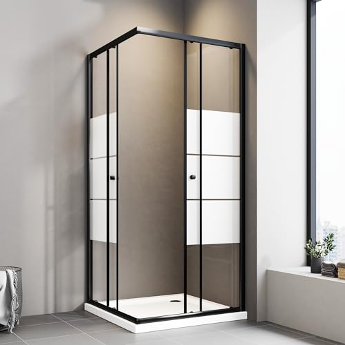 Boromal Duschkabine Schwarz Duschkabine 90 x 90 cm Milchglas Eckeinstieg Doppel Schiebetür Duschkabine Eckeinstieg 6mm ESG Milchglas Streifen Duschabtrennung Duschwand Höhe 185 cm von Boromal