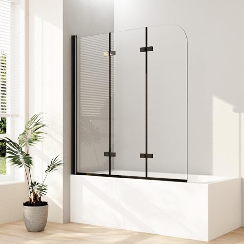 Boromal Duschwand für Badewanne, 130x140cm(BxH) 3-teilig faltbar Badewannenaufsatz Badewannenfaltwand Duschwand Faltwand Duschabtrennung für Badewanne mit 6mm NANO Sicherheitsglas, Matt Schwarz von Boromal