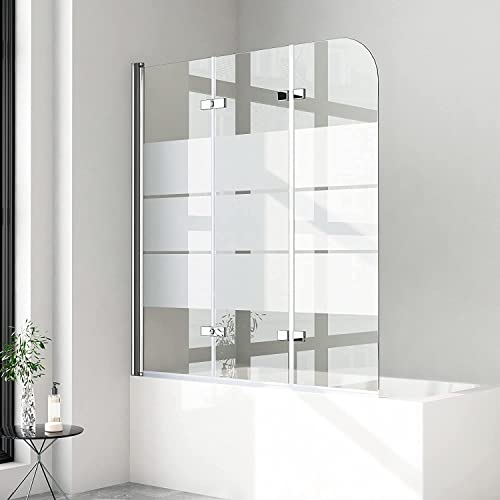 Duschwand für Badewanne 3 teilig faltbar 130x140 cm 6mm ESG Sicherheitsglas (ESG) Faltwand Milchglas Gestreift Badewannenaufsatz Badewannenfaltwand Duschabtrennung für Badewanne von Boromal