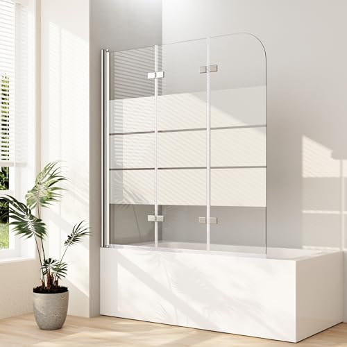 Boromal Duschwand für badewanne, 140x140cm Milchglas Gestreift 3-teilig Faltbar Badewannenaufsatz Duschtrennwand Duschabtrennung mit 6mm ESG Glas von Boromal