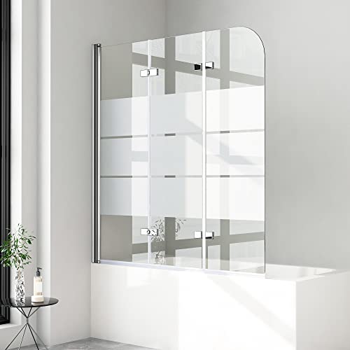 Boromal Duschwand für badewanne 120x140cm 3-teilig Faltwand für Badewanne Milchglas Streifen 6mm ESG Glas Duschwand Badewannenaufsatz Duschtrennwand Duschabtrennung von Boromal