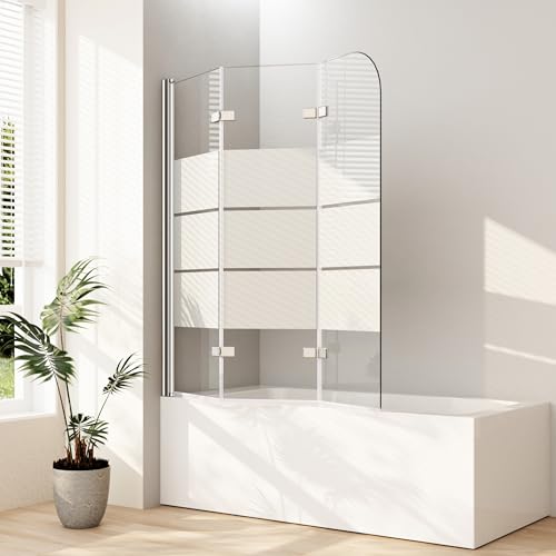 Boromal Gestreift Duschwand für Badewanne, 140x140cm, 3-teilig faltbar, ESG Sicherheitsglas, Milchglas, Badewannenaufsatz von Boromal