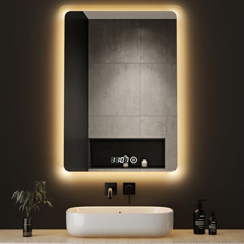 Boromal LED Badezimmerspiegel 50x70cm Badspiegel mit Beleuchtung und Uhr Badezimmer Spiegel 3 Lichtfarbe Dimmbar 3000-6500K Wandspiegel Lichtspiegel LED Spiegel mit Uhr, Touch Schalter von Boromal