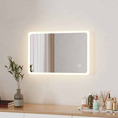 Boromal LED Badspiegel 40x60cm Badezimmerspiegel mit Beleuchtung 3 Lichtfarbe Dimmbar 3000-6500K kaltweiß Neutral Warmweiß Wandspiegel Lichtspiegel mit Touch Schalter von Boromal