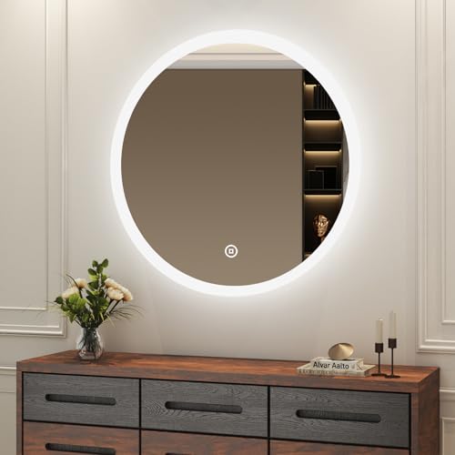 Boromal LED Badspiegel Rund mit Beleuchtung 60x60cm Badezimmerspiegel 3 Lichtfarbe 3000-6500K Warmweiß Kaltweiß Neutral Dimmbare Wandspiegel Lichtspiegel Badezimmer Spiegel mit Touchschalter von Boromal