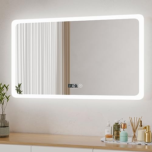 Boromal LED Badspiegel mit Beleuchtung 100x60cm Badezimmerspiegel mit Beleuchtung 3 Lichtfarbe Dimmbar 3000-6500K Wandspiegel Lichtspiegel LED Spiegel mit Uhr + Touch Schalter von Boromal