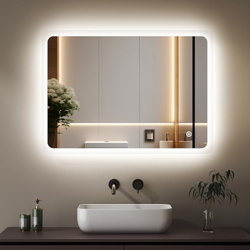 Boromal LED Badspiegel mit Beleuchtung 40x60cm Badezimmerspiegel 3 Lichtfarbe 3000-6500K Warmweiß Kaltweiß Neutral Dimmbare Wandspiegel Lichtspiegel Badezimmer Spiegel mit Touchschalter von Boromal