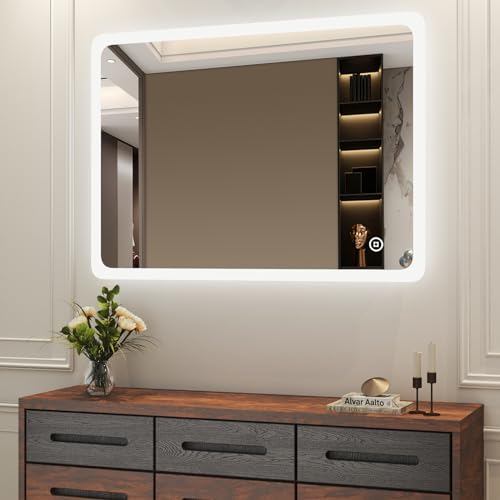 Boromal LED Badspiegel mit Beleuchtung 80x60cm Badezimmerspiegel Badezimmer Spiegel Wandspiegel 3000-6500K kaltweiß Neutral Warmweiß Lichtspiegel mit Touch Schalter + 3 Lichtfarbe Dimmbar von Boromal