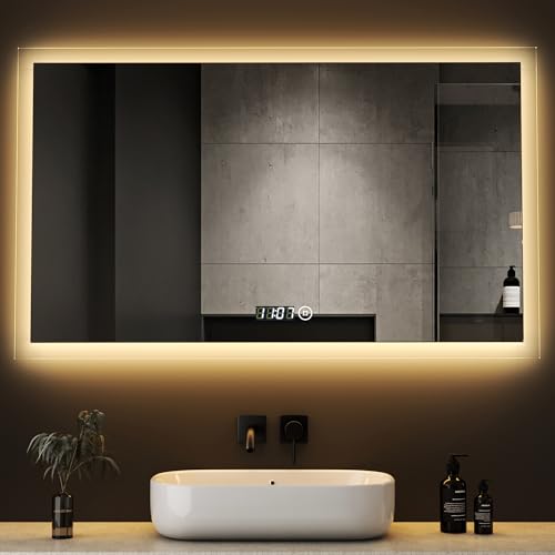 Boromal LED Badspiegel mit Beleuchtung und Uhr 100x60cm Badezimmerspiegel Badezimmer Spiegel 3 Lichtfarbe Dimmbar 3000-6500K Wandspiegel Lichtspiegel LED Spiegel mit Uhr + Touch Schalter von Boromal