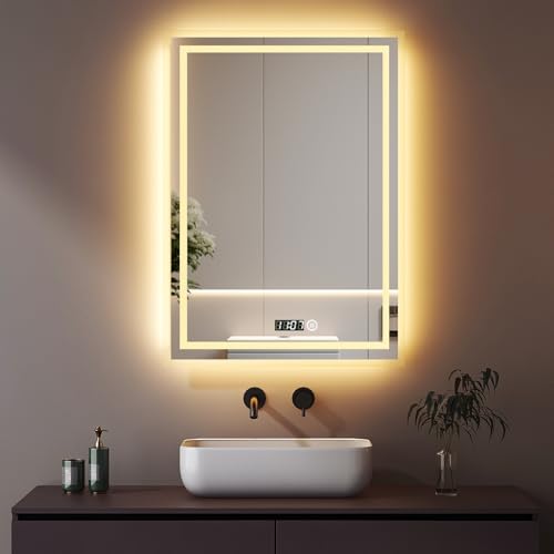 Boromal LED Badspiegel mit Beleuchtung und Uhr 50x70cm Badezimmerspiegel Badezimmer Spiegel 3 Lichtfarbe Dimmbar 3000-6500K Wandspiegel Lichtspiegel LED Spiegel mit Uhr + Touch Schalter von Boromal