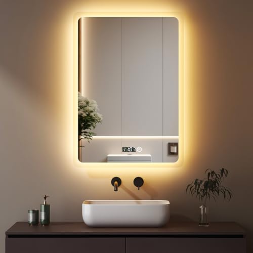 Boromal LED Badspiegel mit Beleuchtung und Uhr 50x70cm Badezimmerspiegel mit Beleuchtung 3 Lichtfarbe Dimmbare 3000-6500K Wandspiegel Lichtspiegel LED Spiegel mit Uhr + Touchschalter von Boromal