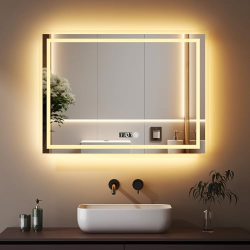 Boromal LED Badspiegel mit Beleuchtung und Uhr 80x60cm Badezimmerspiegel Badezimmer Spiegel 3 Lichtfarbe Dimmbar 3000-6500K Wandspiegel Lichtspiegel LED Spiegel mit Uhr + Touch Schalter von Boromal