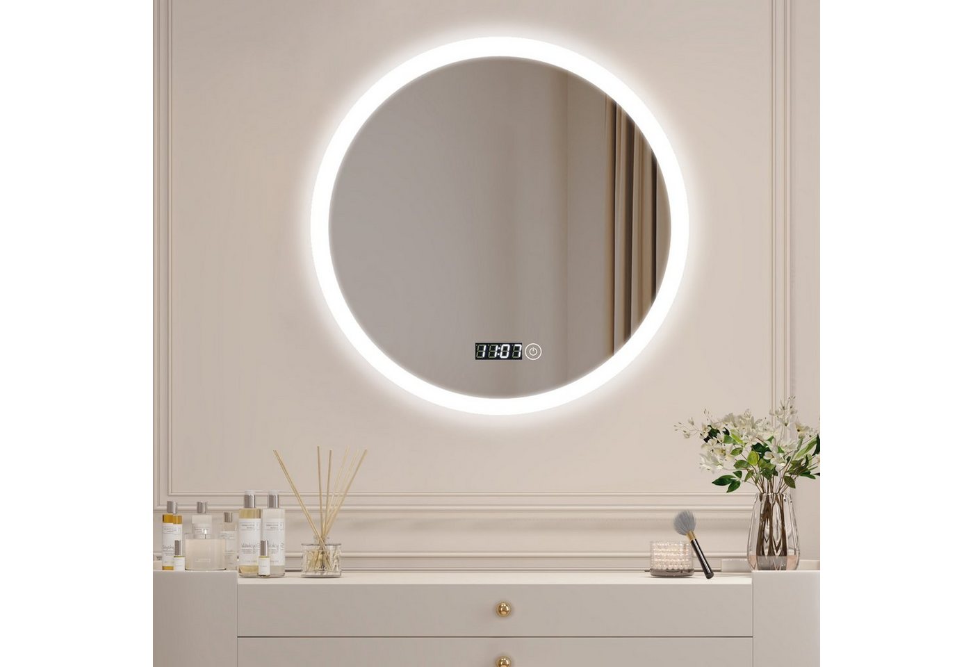 WDWRITTI Schminkspiegel LED Badspiegel Rundspiegel mit uhr und beleuchtung 60cm 3Lichtfarben (Kosmetikspiegel Wandspiegel, Helligkeit dimmbar), Speicherfunktion, HD kupferfreie Spiegel von WDWRITTI