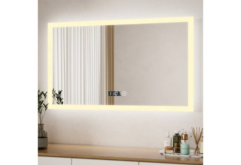 WDWRITTI Schminkspiegel Wandmontage Wandspiegel groß 100x60 mit LED beleuchtung (Badspiegel Led Warmweiß, Kaltweiß, Neutralweiß, Touch, Wandschalter, Uhr, Helligkeit dimmbar), Speicherfunktion, IP44 von WDWRITTI