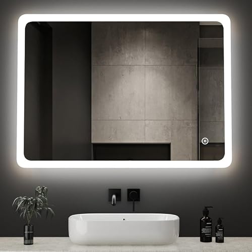 Boromal Spiegel mit Beleuchtung Wandschalter Badspiegel 40x60cm mit Beleuchtung Badezimmerspiegel mit Beleuchtung LED Badspiegel Wandspiegel mit Touchschalter, 3 Lichtfarben Dimmbar von Boromal