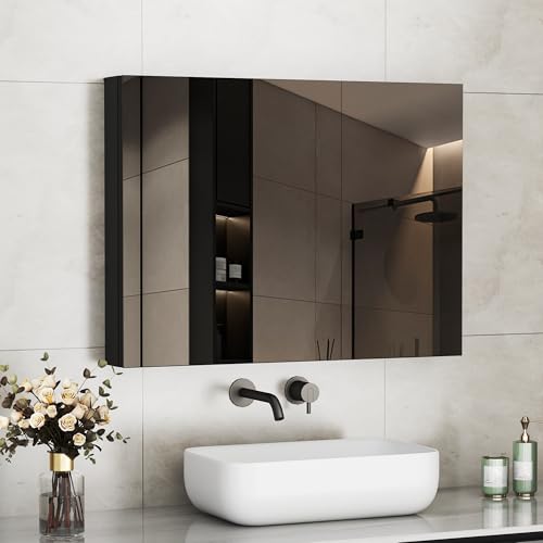 Boromal Spiegelschrank Bad Spiegelschrank mit Innenspiegel Metall Badezimmerschrank Schwarz mit Spiegel und Verstellbare Glasablage (80 x 60 x 12,5 cm) von Boromal