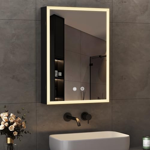 Boromal Spiegelschrank Bad mit Beleuchtung Schwarz Spiegelschrank mit Beleuchtung Metall LED Badezimmerschrank mit Dimmbar + Beschlagfrei + Stecker + Verstellbare Glasablage (50 x 70 x 13 cm) von Boromal