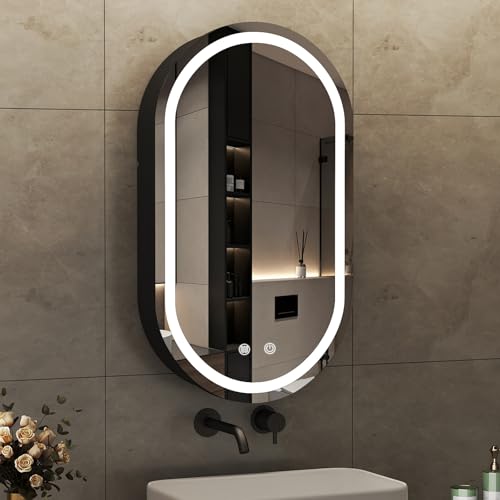 Boromal Spiegelschrank Bad mit Beleuchtung Ovaler Spiegelschrank mit LED Beleuchtung Schwarz Metall Badezimmerschrank mit Dimmbar, Beschlagfrei, Stecker und Ablage (40x70x13cm) von Boromal