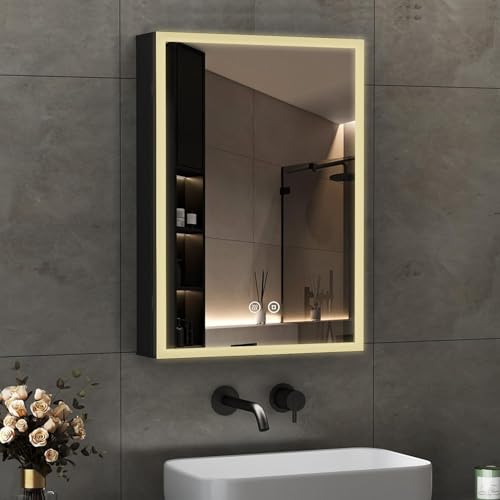 Boromal Spiegelschrank Bad mit Beleuchtung Schwarz LED Spiegelschrank mit Beleuchtung Metall Badezimmerschrank mit Dimmbar + Beschlagfrei + Stecker + Verstellbare Glasablage (40 x 60 cm) von Boromal