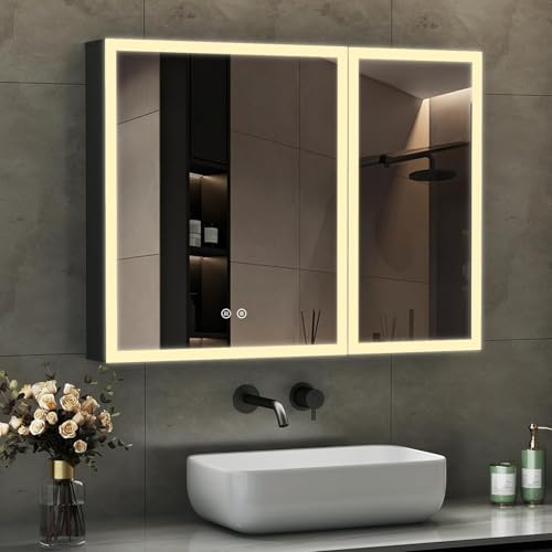 Boromal Spiegelschrank Bad mit Beleuchtung Schwarz LED Spiegelschrank mit Beleuchtung Metall Badezimmerschrank mit Dimmbar + Beschlagfrei + Stecker + Verstellbare Glasablage (80 x 60 cm) von Boromal