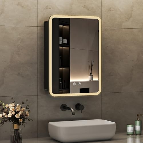 Boromal Spiegelschrank Bad mit Beleuchtung Schwarz LED Spiegelschrank mit Beleuchtung Metall Badezimmerschrank mit Dimmbar + Beschlagfrei + Stecker + Verstellbare Glasablage (40 x 60 cm) von Boromal