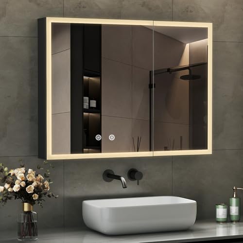 Boromal Spiegelschrank Bad mit Beleuchtung Schwarz LED Spiegelschrank mit Beleuchtung Metall Badezimmerschrank mit Dimmbar + Beschlagfrei + Stecker + Verstellbare Glasablage (80 x 60 cm) von Boromal