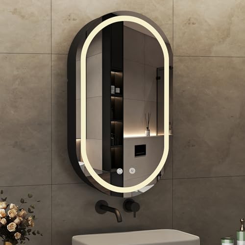 Boromal Spiegelschrank Bad mit Beleuchtung Schwarz Ovaler Spiegelschrank mit Beleuchtung Metall LED Badezimmerschrank mit Dimmbar + Beschlagfrei + Stecker + Ablage (40 x 70 x 13 cm) von Boromal