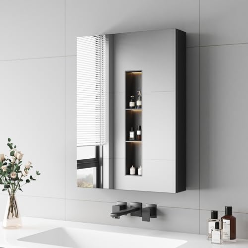 Boromal Spiegelschrank Bad mit Innenspiegel Metall Badezimmer Spiegelschrank Schwarz Medizinschrank Badezimmerschrank mit Spiegel und Verstellbare Glasablage (50x70x12,5cm) von Boromal