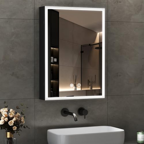 Boromal Spiegelschrank Bad mit LED Beleuchtung Schwarz Spiegelschrank mit Beleuchtung Metall Badezimmerschrank mit Dimmbar, Beschlagfrei, Stecker und Verstellbare Glasablage (50 x 70 x 13 cm) von Boromal