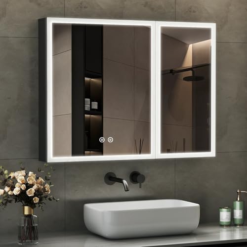 Boromal Spiegelschrank Bad mit LED Beleuchtung Schwarz Spiegelschrank mit Beleuchtung Metall Badezimmerschrank mit Dimmbar, Beschlagfrei, Stecker und Verstellbare Glasablage (80 x 60 x 12,5 cm) von Boromal