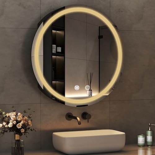 Boromal Spiegelschrank Rund mit Beleuchtung Schwarz Badezimmer Spiegelschrank Bad mit Beleuchtung Metall LED Badezimmerschrank Rund mit Stecker + Dimmbar + Beschlagfrei + Ablage (60 x 60 x 13 cm) von Boromal